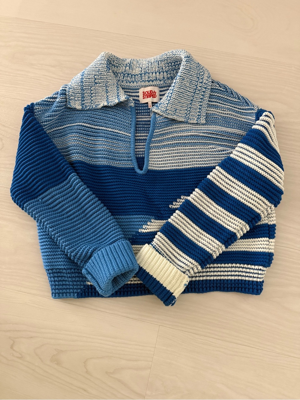 SOLID & STRIPED Blue and Cream Striped V-Neck Rugby Sweater